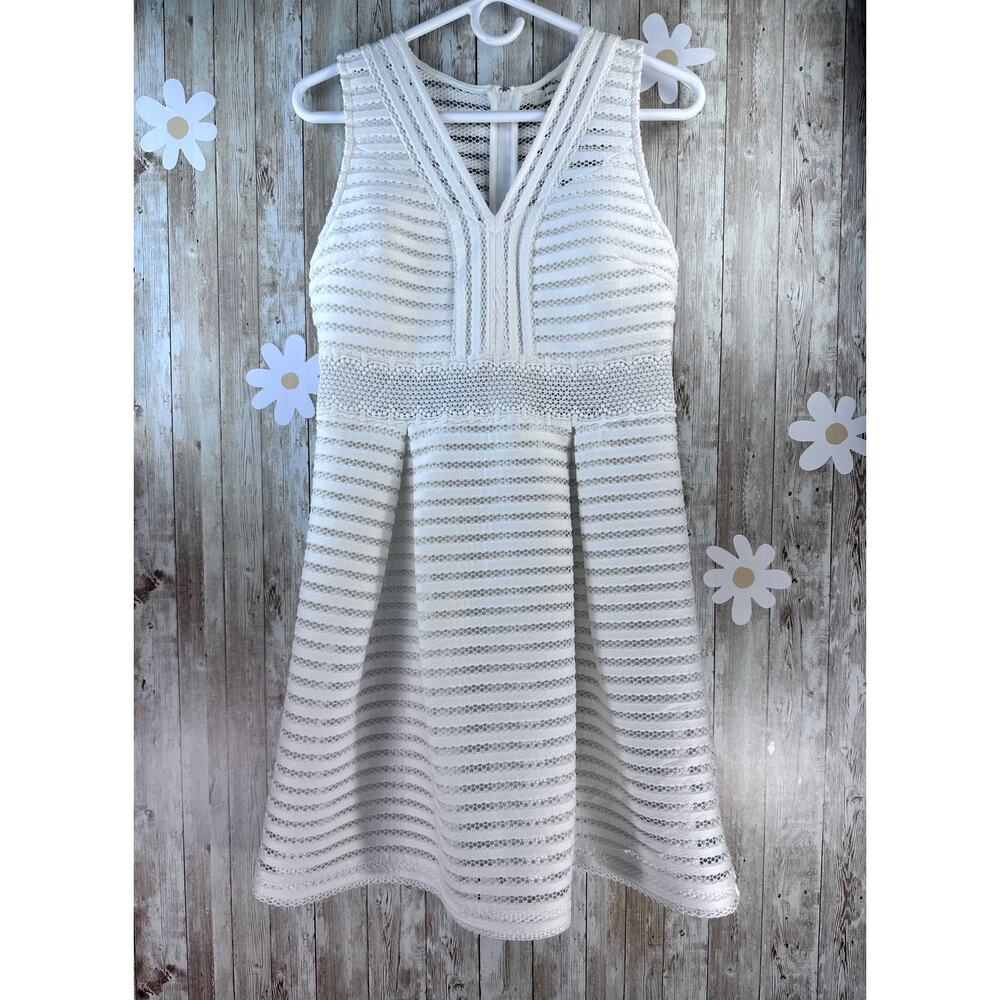 Francesca's A-Line Mini‎ Dress M White Striped V Neck Sleeveless Lace Trim Mesh